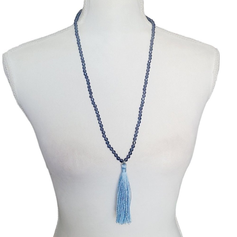 J. Crew Faceted Beaded Tassel Necklace Smoky Blue Acrylic Lightweight Layering